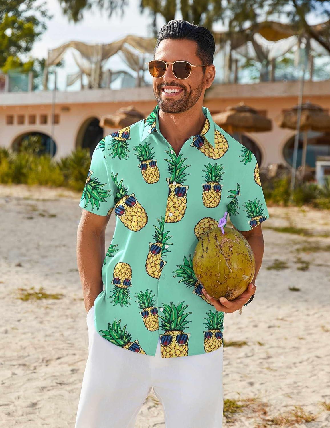 imageCOOFANDY Mens Hawaiian Shirt Short Sleeve Button Down Shirts Tropical Floral Summer Beach ShirtsGreen Pineapple
