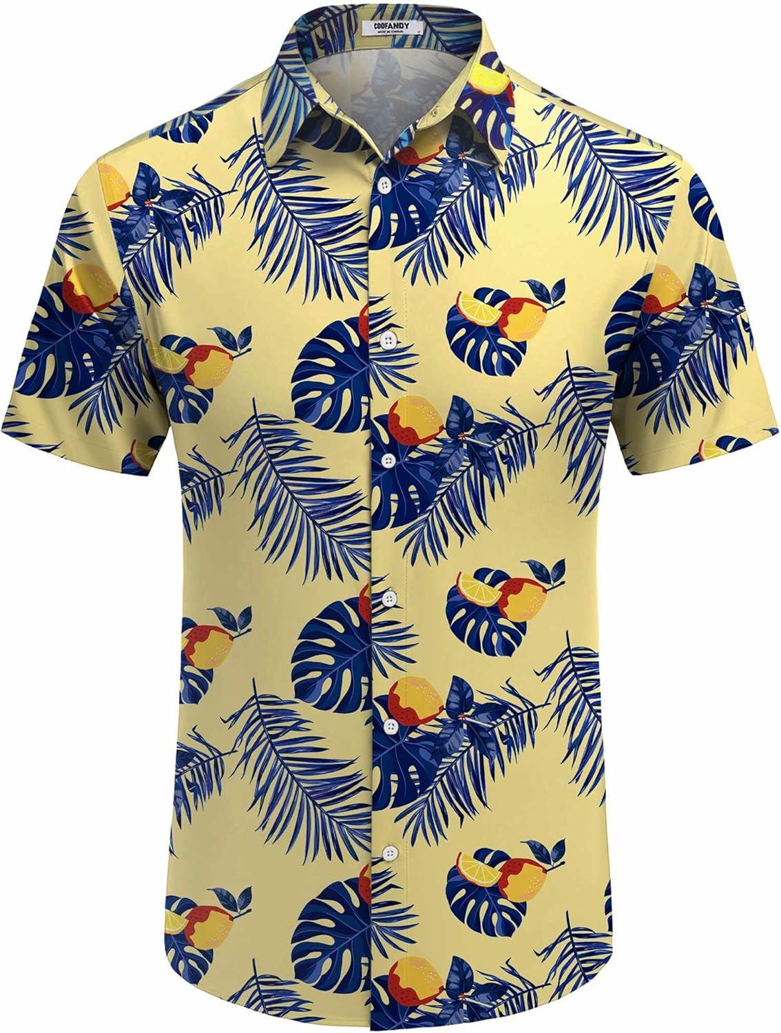 imageCOOFANDY Mens Hawaiian Shirt Short Sleeve Button Down Shirts Tropical Floral Summer Beach ShirtsYellow Palm Leaf