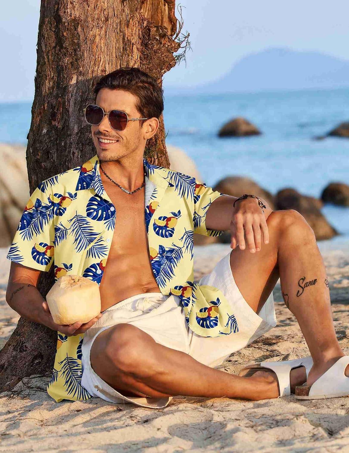 imageCOOFANDY Mens Hawaiian Shirt Short Sleeve Button Down Shirts Tropical Floral Summer Beach ShirtsYellow Palm Leaf