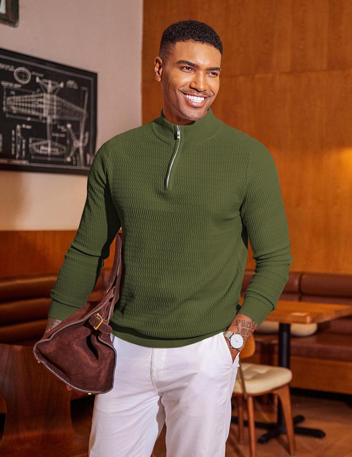 imageCOOFANDY Mens Quarter Zip Sweater Slim Fit Lightweight Mock Neck Pullover Knit Texture Polo SweatersArmy Green