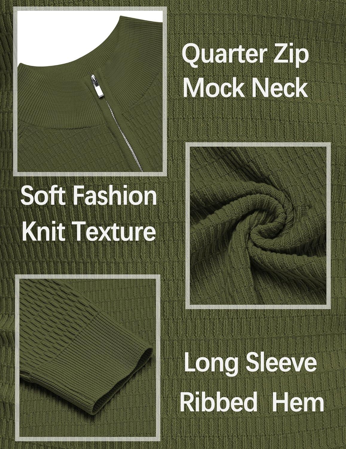 imageCOOFANDY Mens Quarter Zip Sweater Slim Fit Lightweight Mock Neck Pullover Knit Texture Polo SweatersArmy Green