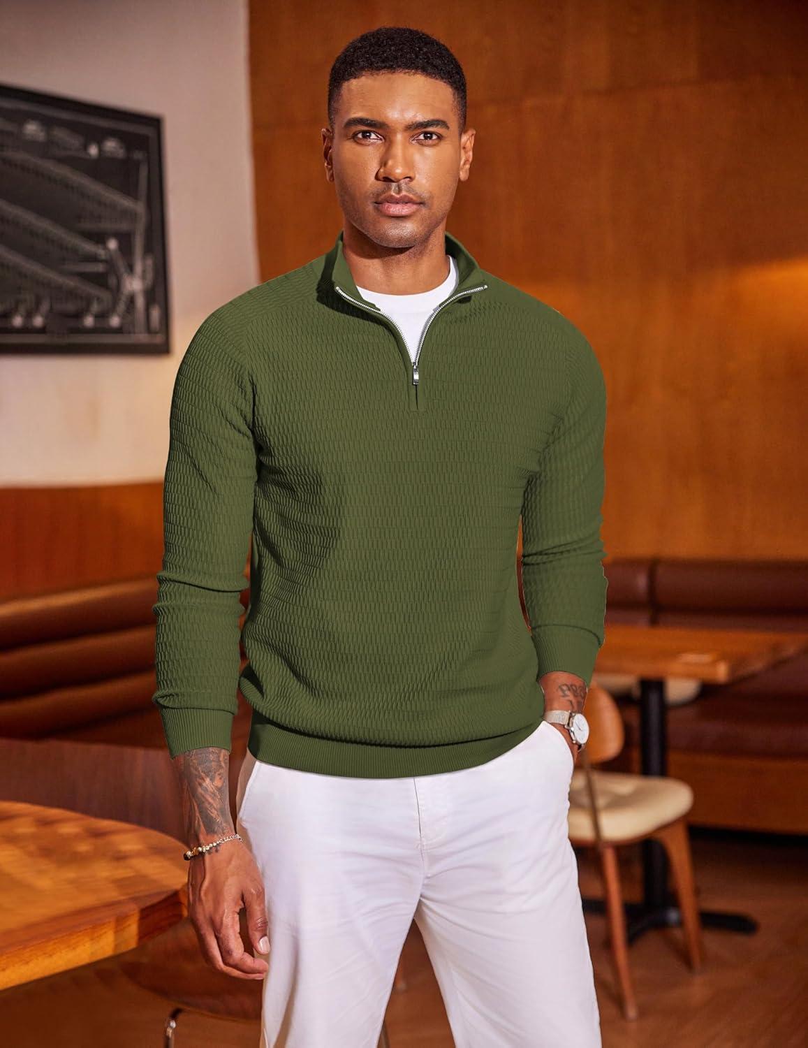 imageCOOFANDY Mens Quarter Zip Sweater Slim Fit Lightweight Mock Neck Pullover Knit Texture Polo SweatersArmy Green