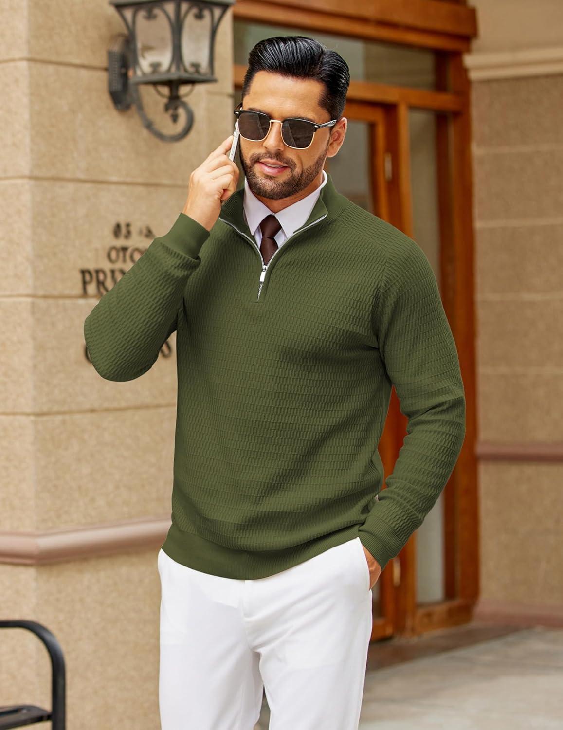 imageCOOFANDY Mens Quarter Zip Sweater Slim Fit Lightweight Mock Neck Pullover Knit Texture Polo SweatersArmy Green