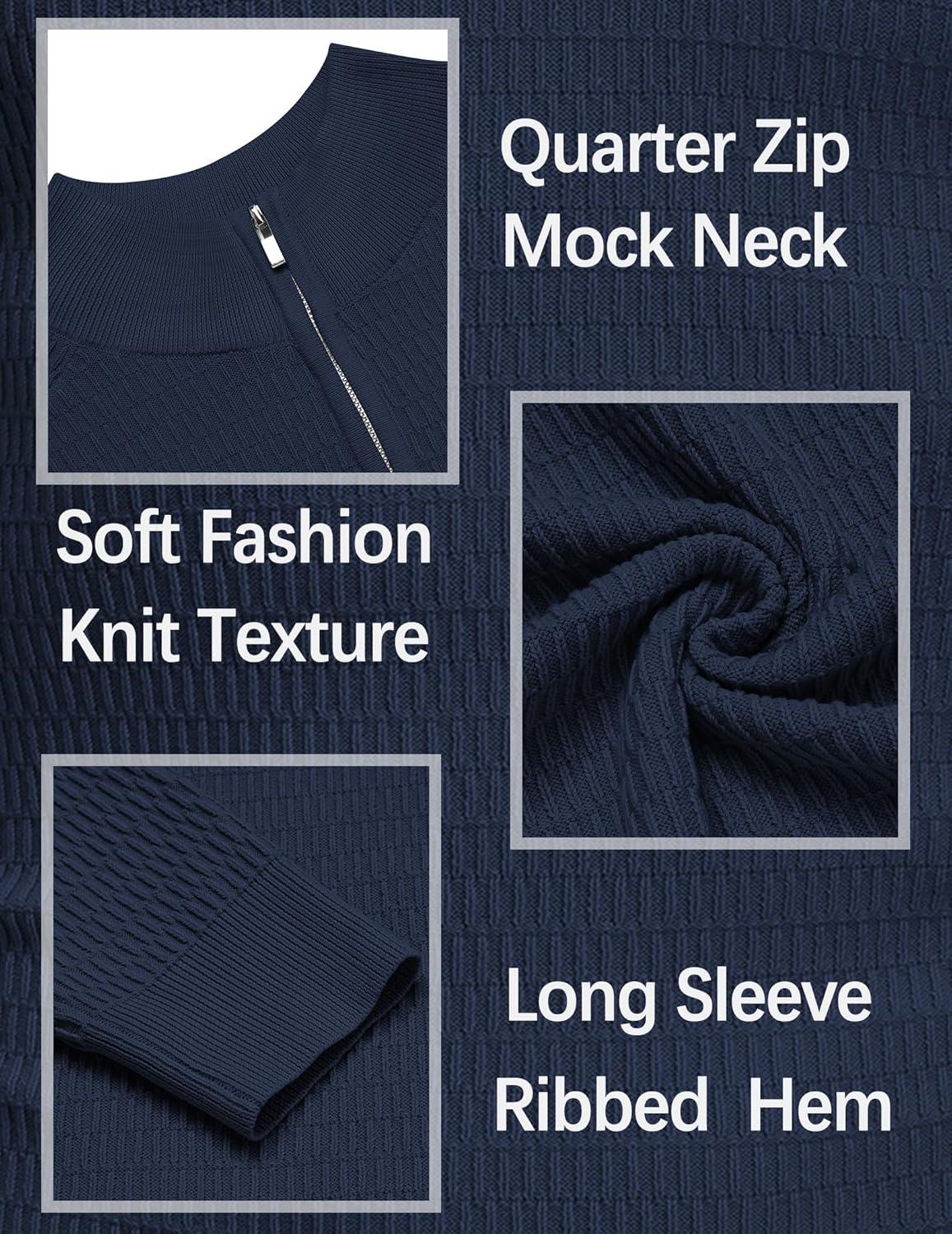 imageCOOFANDY Mens Quarter Zip Sweater Slim Fit Lightweight Mock Neck Pullover Knit Texture Polo SweatersNavy Blue