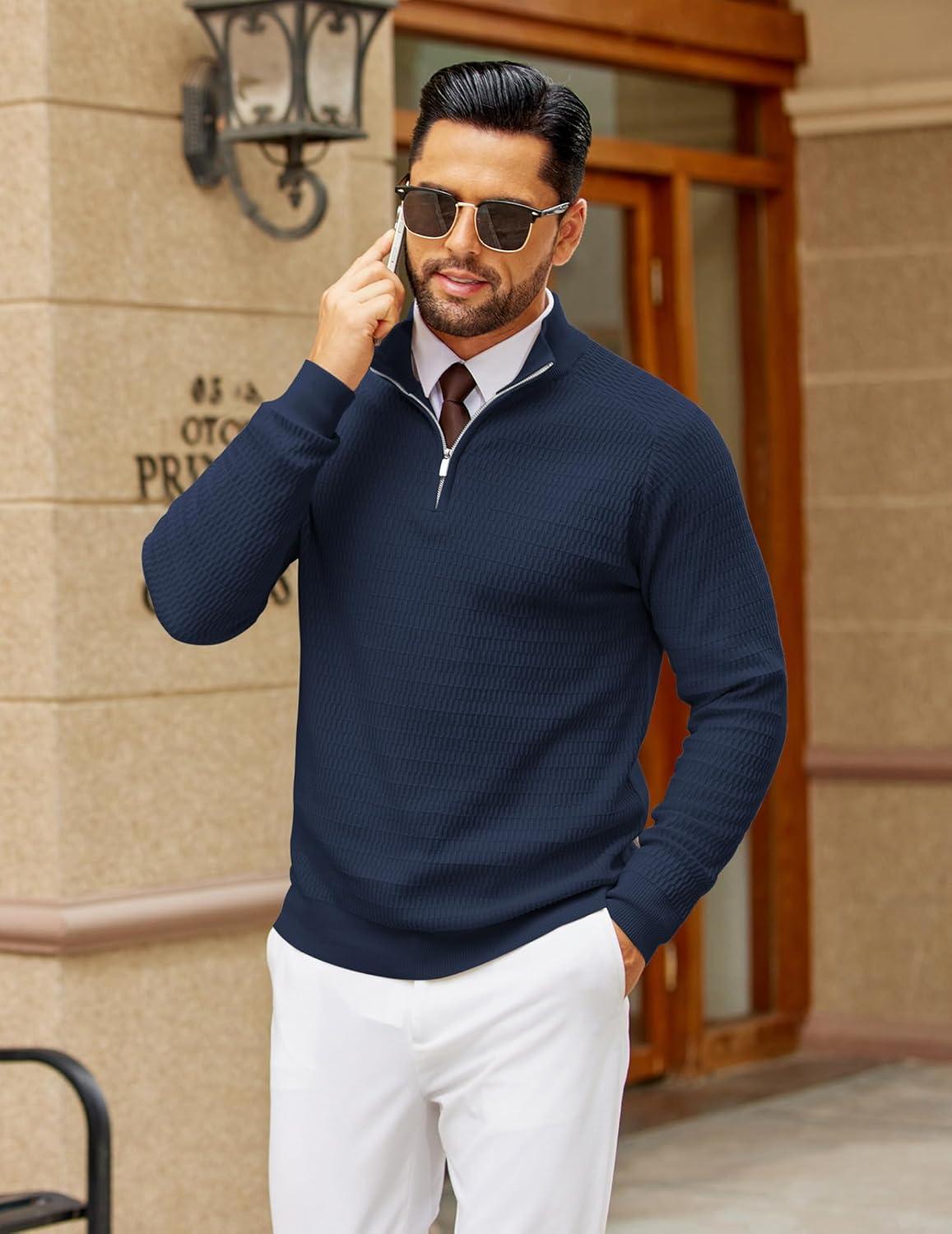 imageCOOFANDY Mens Quarter Zip Sweater Slim Fit Lightweight Mock Neck Pullover Knit Texture Polo SweatersNavy Blue