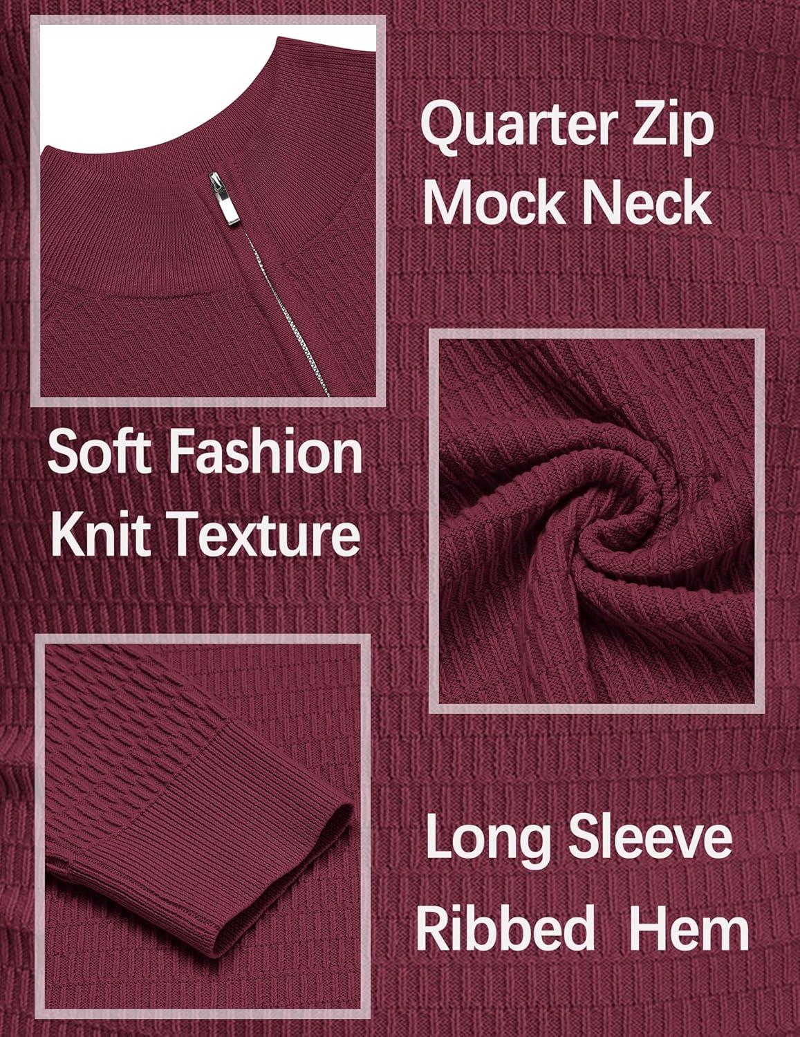 imageCOOFANDY Mens Quarter Zip Sweater Slim Fit Lightweight Mock Neck Pullover Knit Texture Polo SweatersWine Red