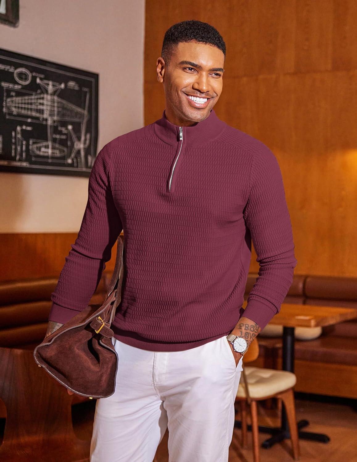 imageCOOFANDY Mens Quarter Zip Sweater Slim Fit Lightweight Mock Neck Pullover Knit Texture Polo SweatersWine Red