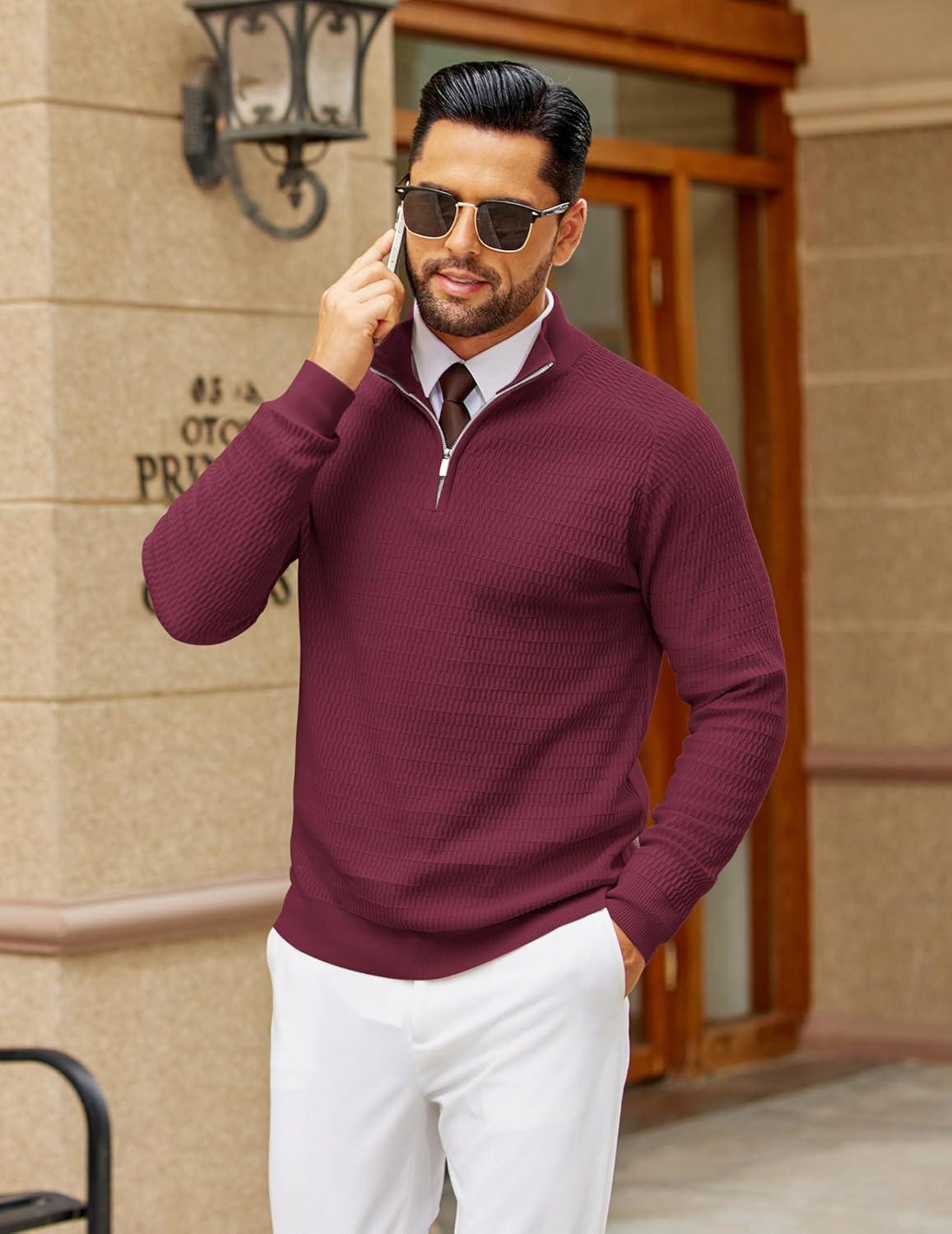 imageCOOFANDY Mens Quarter Zip Sweater Slim Fit Lightweight Mock Neck Pullover Knit Texture Polo SweatersWine Red