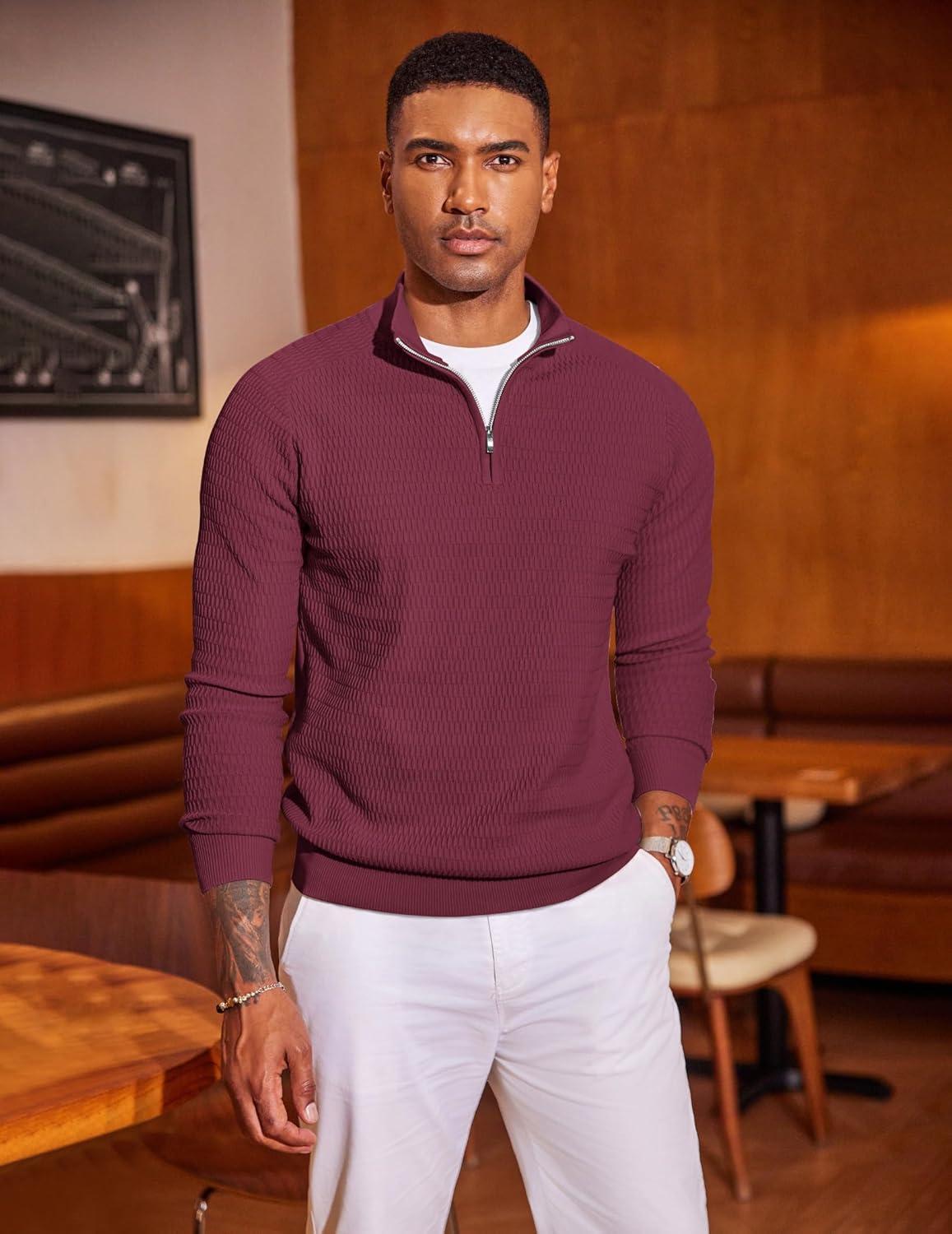 imageCOOFANDY Mens Quarter Zip Sweater Slim Fit Lightweight Mock Neck Pullover Knit Texture Polo SweatersWine Red