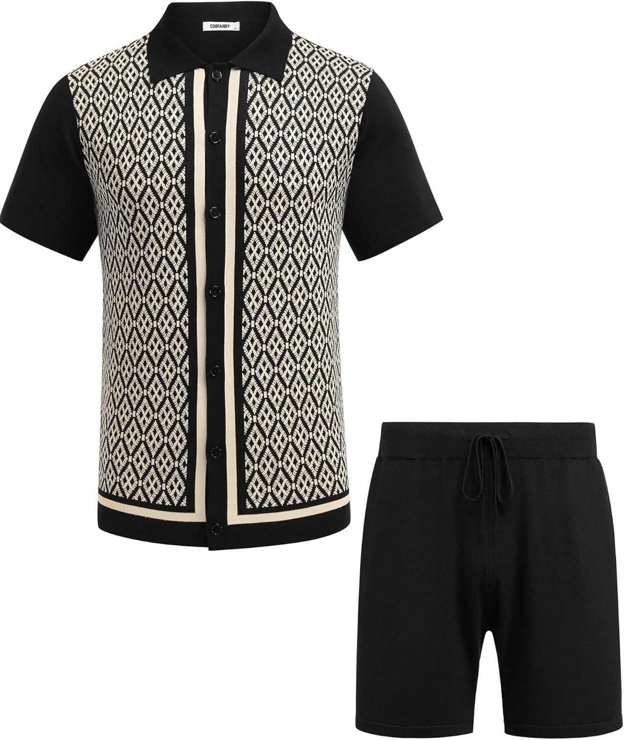 imageCOOFANDY Mens 2 Piece Outfit Vintage Short Sleeve Button Down Knit Polo Shirts Casual Beach Shorts SetsBlack Light Khaki