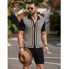COOFANDY Men’s 2 Piece Outfit Vintage Short Sleeve Button Down Knit Polo Shirts Casual Beach Shorts Sets(Black & Light Khaki)