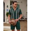 COOFANDY Men’s 2 Piece Outfit Vintage Short Sleeve Button Down Knit Polo Shirts Casual Beach Shorts Sets(Green Stripes)