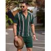 COOFANDY Men’s 2 Piece Outfit Vintage Short Sleeve Button Down Knit Polo Shirts Casual Beach Shorts Sets(Green Stripes)