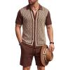 COOFANDY Men’s 2 Piece Outfit Vintage Short Sleeve Button Down Knit Polo Shirts Casual Beach Shorts Sets(Brown & Light Khaki)