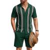 COOFANDY Men’s 2 Piece Outfit Vintage Short Sleeve Button Down Knit Polo Shirts Casual Beach Shorts Sets(Green Stripes)