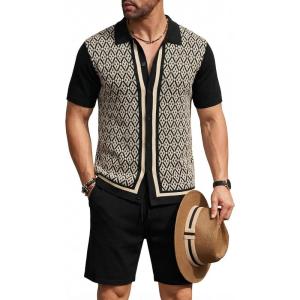 COOFANDY Men’s 2 Piece Outfit Vintage Short Sleeve Button Down Knit Polo Shirts Casual Beach Shorts Sets(Black & Light Khaki)