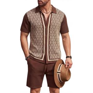 COOFANDY Men’s 2 Piece Outfit Vintage Short Sleeve Button Down Knit Polo Shirts Casual Beach Shorts Sets(Brown & Light Khaki)