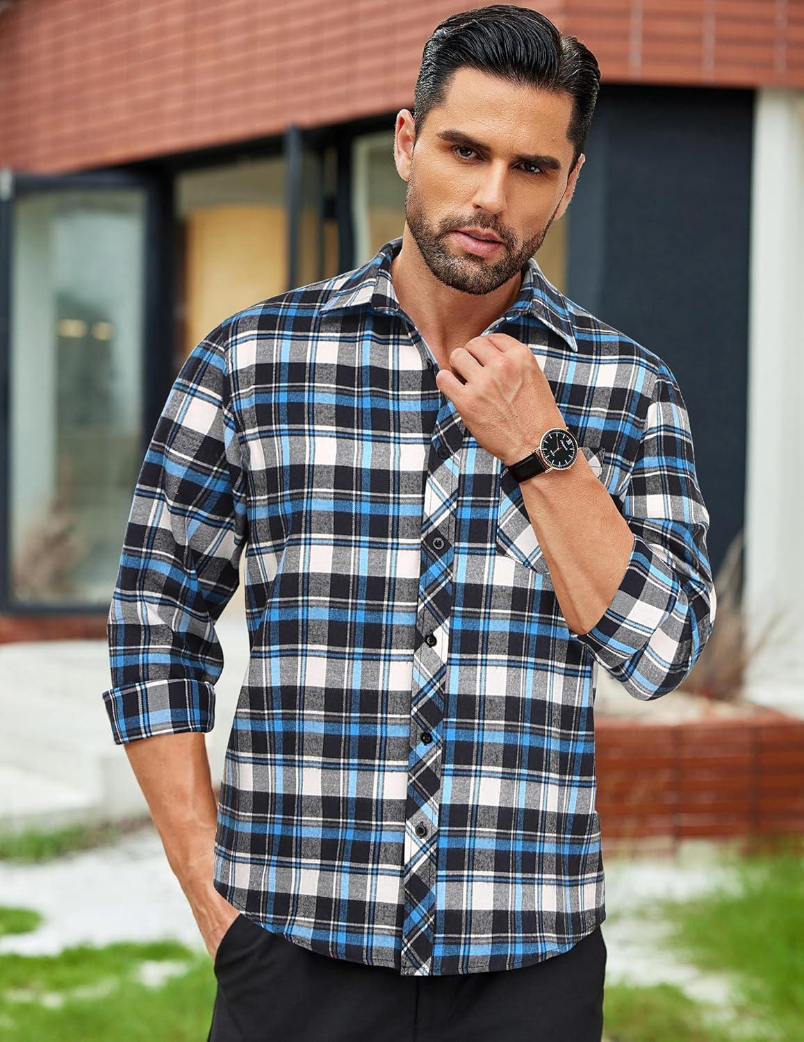 imageCOOFANDY Mens Flannel Plaid Shirts Long Sleeve Button Down Shirts Casual Fall Shirt JacketBluewhite