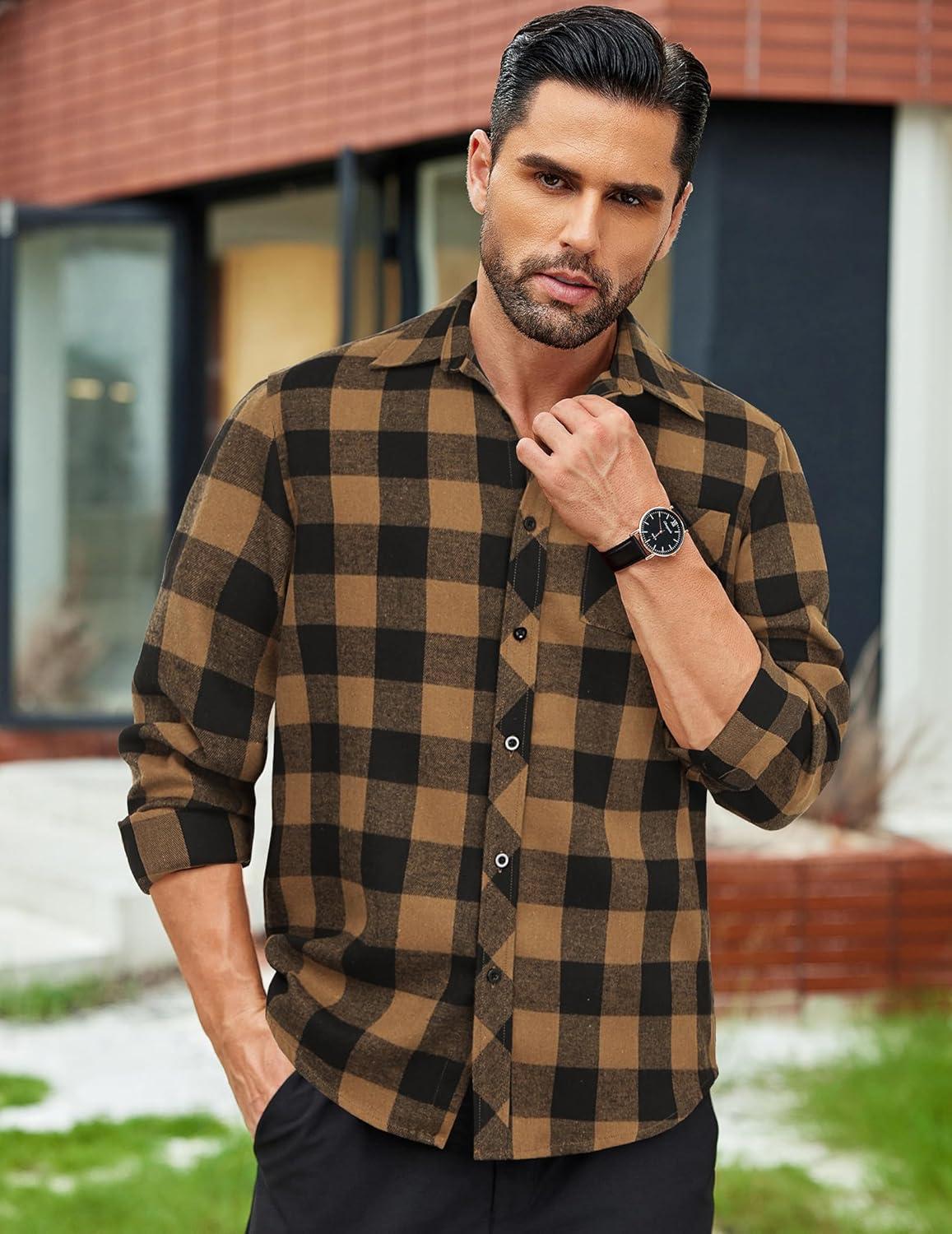 imageCOOFANDY Mens Flannel Plaid Shirts Long Sleeve Button Down Shirts Casual Fall Shirt JacketBrownblack