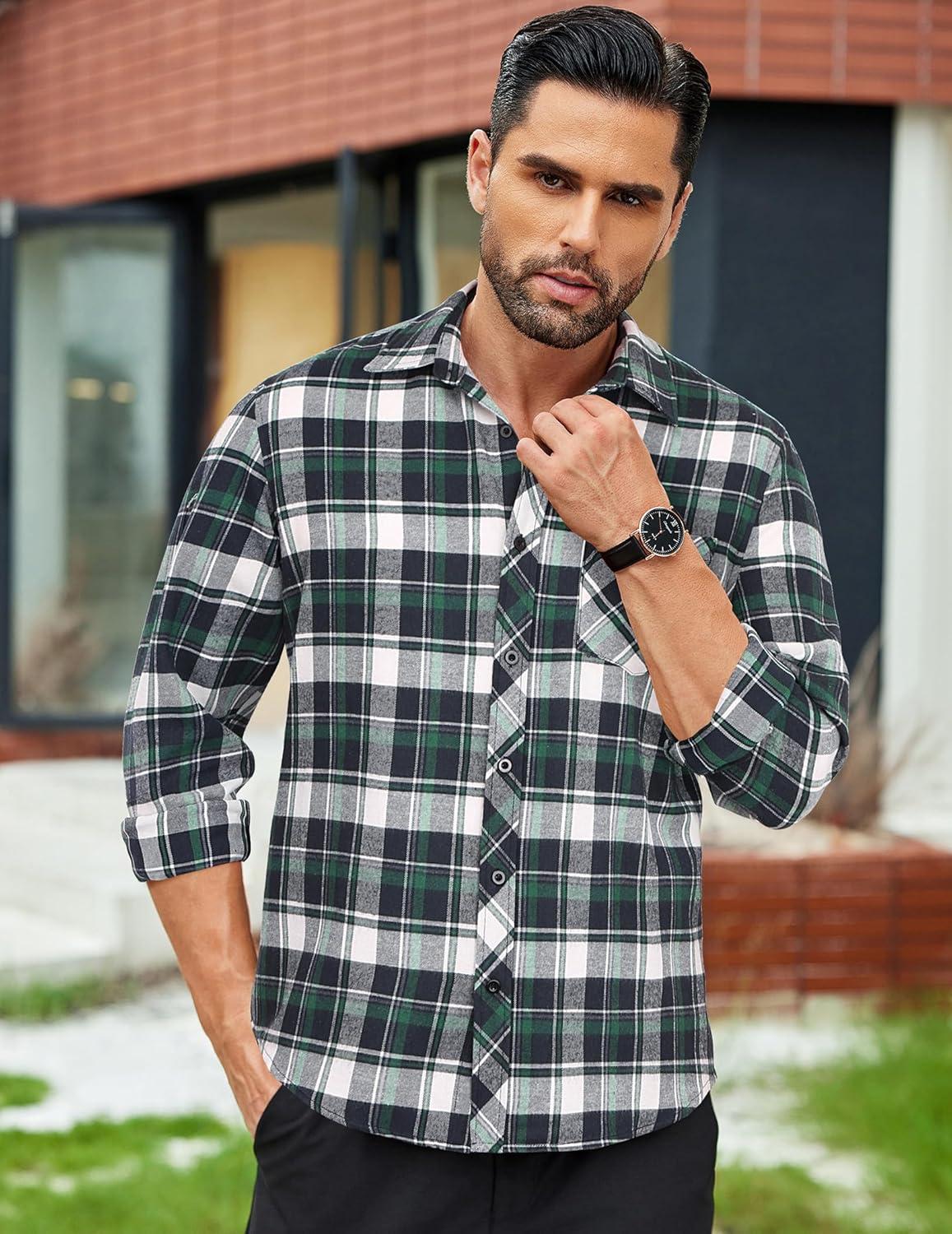 imageCOOFANDY Mens Flannel Plaid Shirts Long Sleeve Button Down Shirts Casual Fall Shirt JacketGreenwhite
