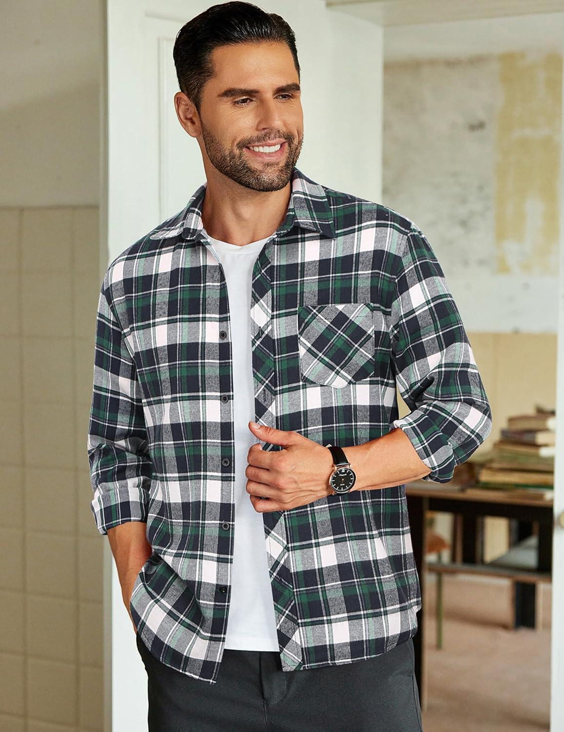 imageCOOFANDY Mens Flannel Plaid Shirts Long Sleeve Button Down Shirts Casual Fall Shirt JacketGreenwhite