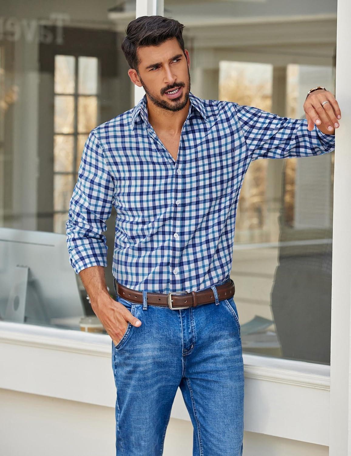imageCOOFANDY Mens Plaid Button Down Shirt Cotton Long Sleeves Dress Shirt Wrinkle Free Casual Gingham ShirtBlue Gingham