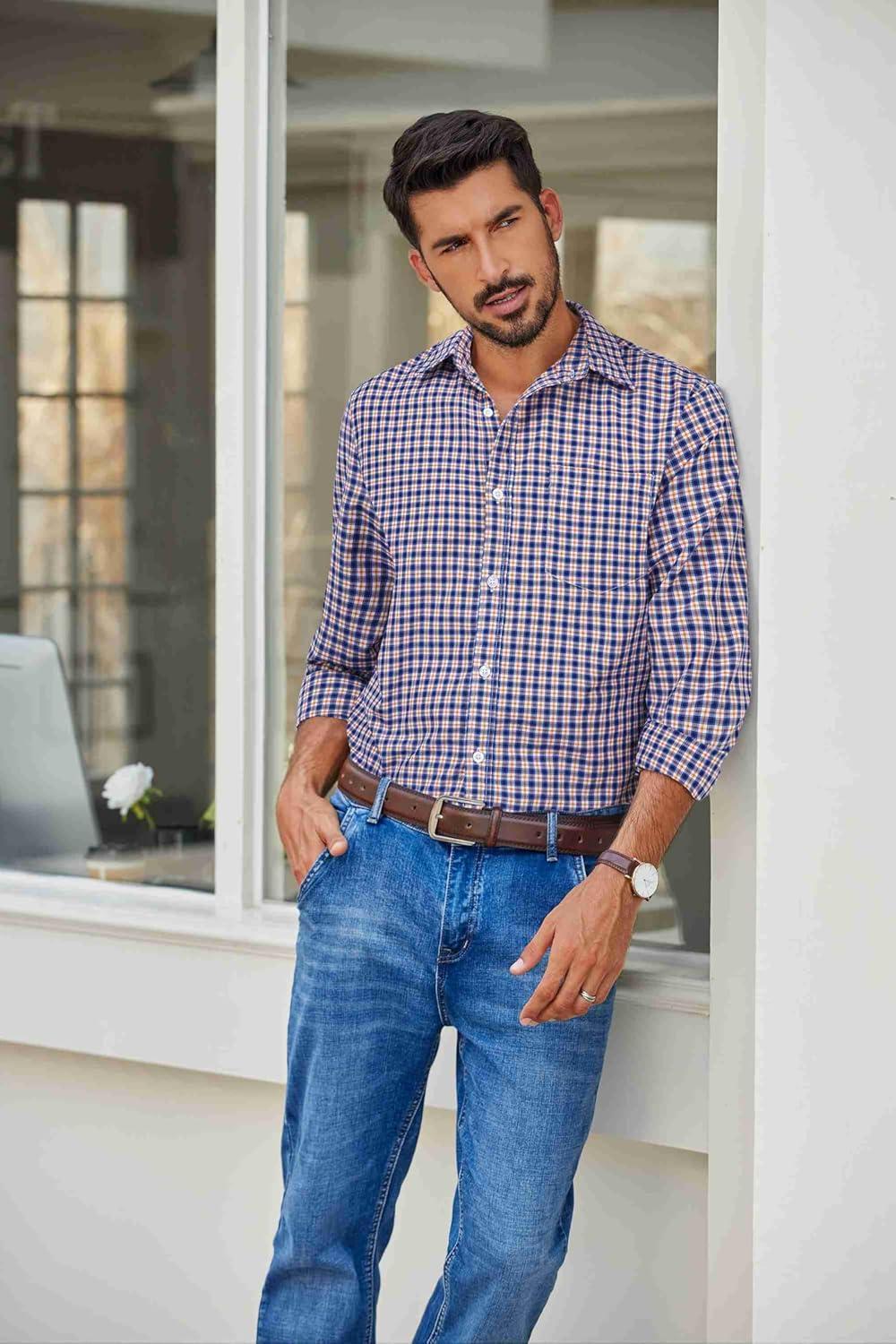imageCOOFANDY Mens Plaid Button Down Shirt Cotton Long Sleeves Dress Shirt Wrinkle Free Casual Gingham ShirtBlue Orange Plaid