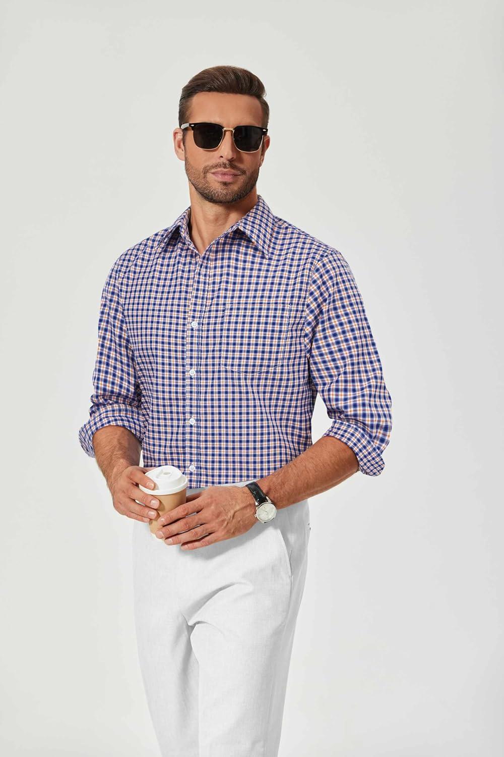 imageCOOFANDY Mens Plaid Button Down Shirt Cotton Long Sleeves Dress Shirt Wrinkle Free Casual Gingham ShirtBlue Orange Plaid