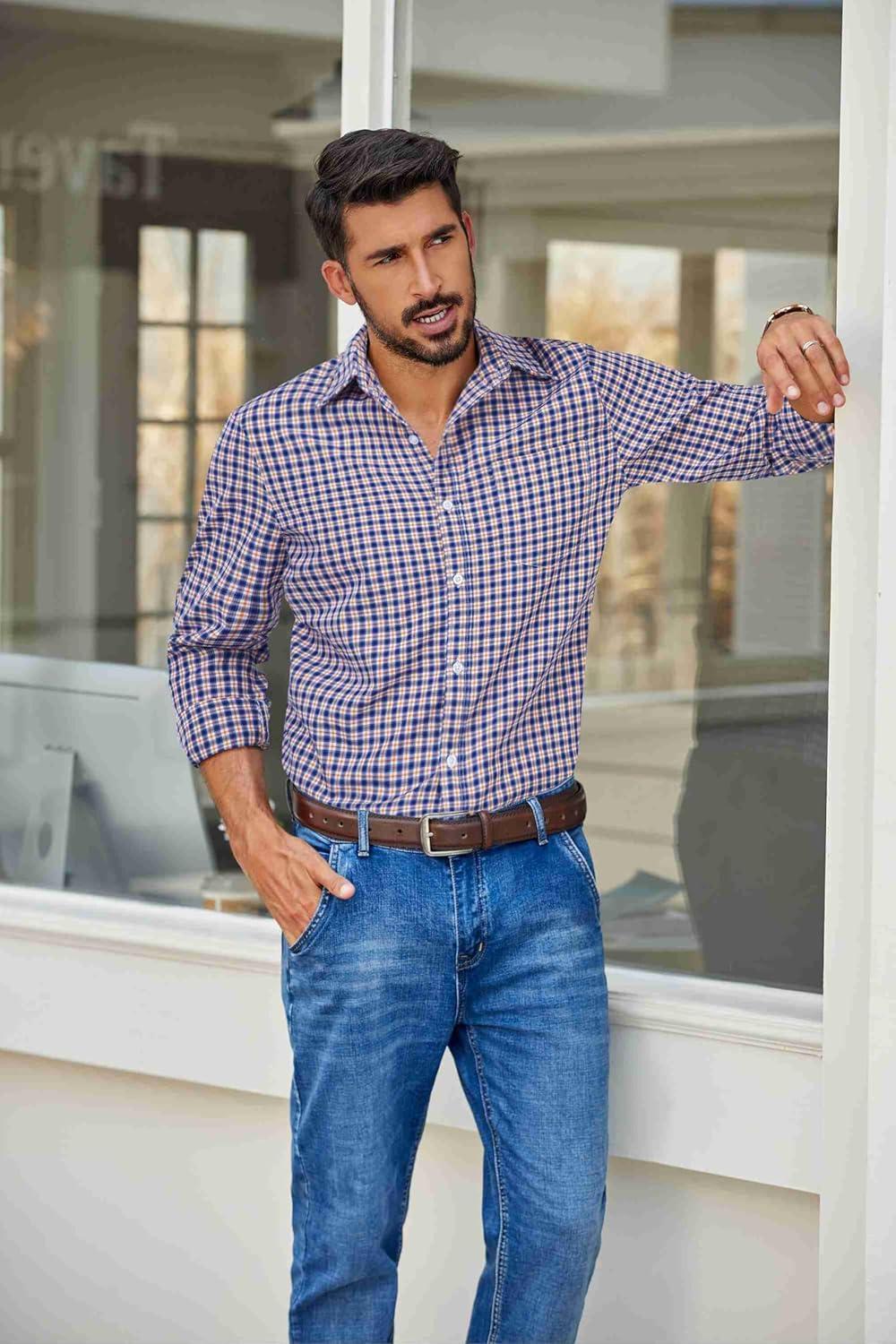 imageCOOFANDY Mens Plaid Button Down Shirt Cotton Long Sleeves Dress Shirt Wrinkle Free Casual Gingham ShirtBlue Orange Plaid