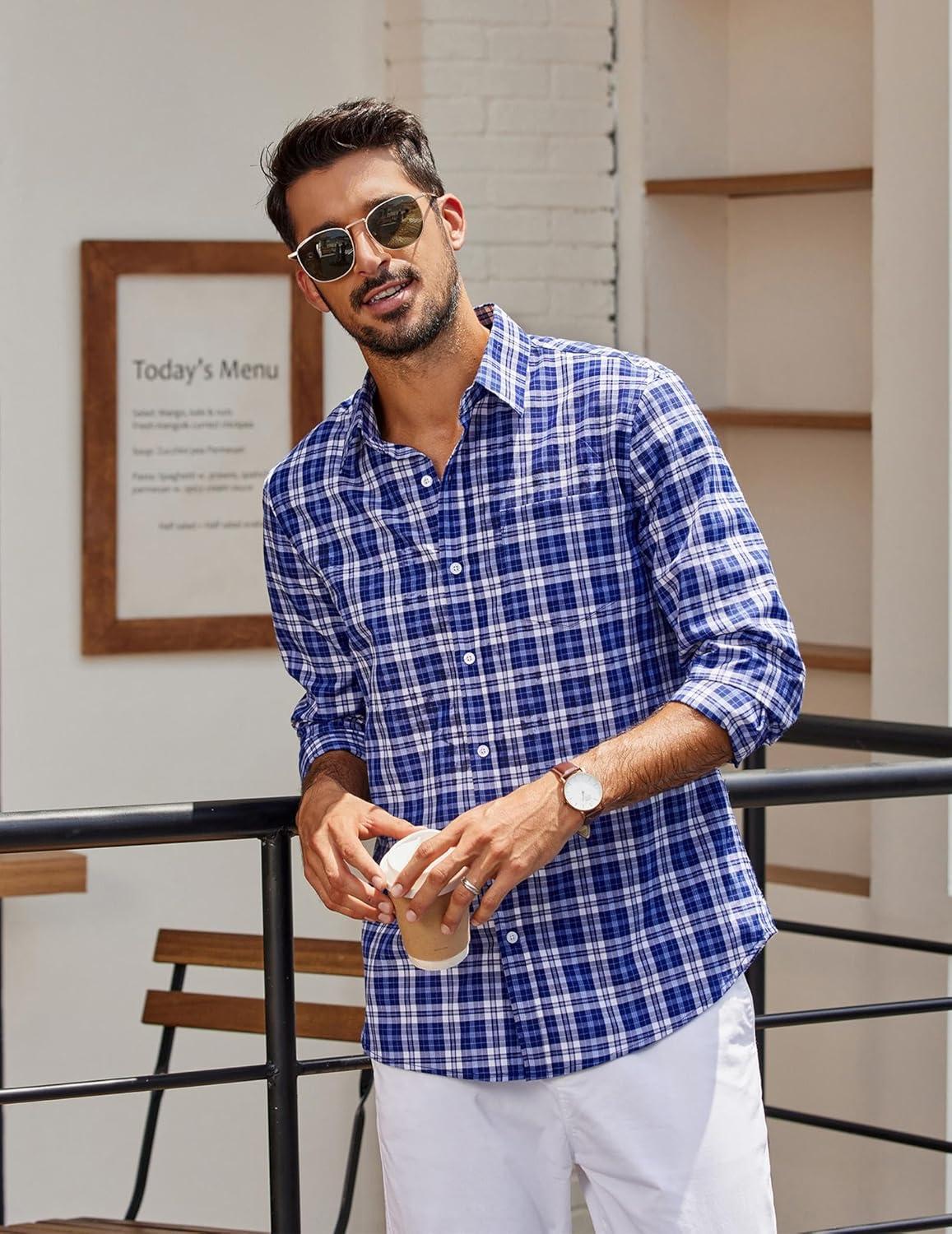 imageCOOFANDY Mens Plaid Button Down Shirt Cotton Long Sleeves Dress Shirt Wrinkle Free Casual Gingham ShirtBlue White Plaid