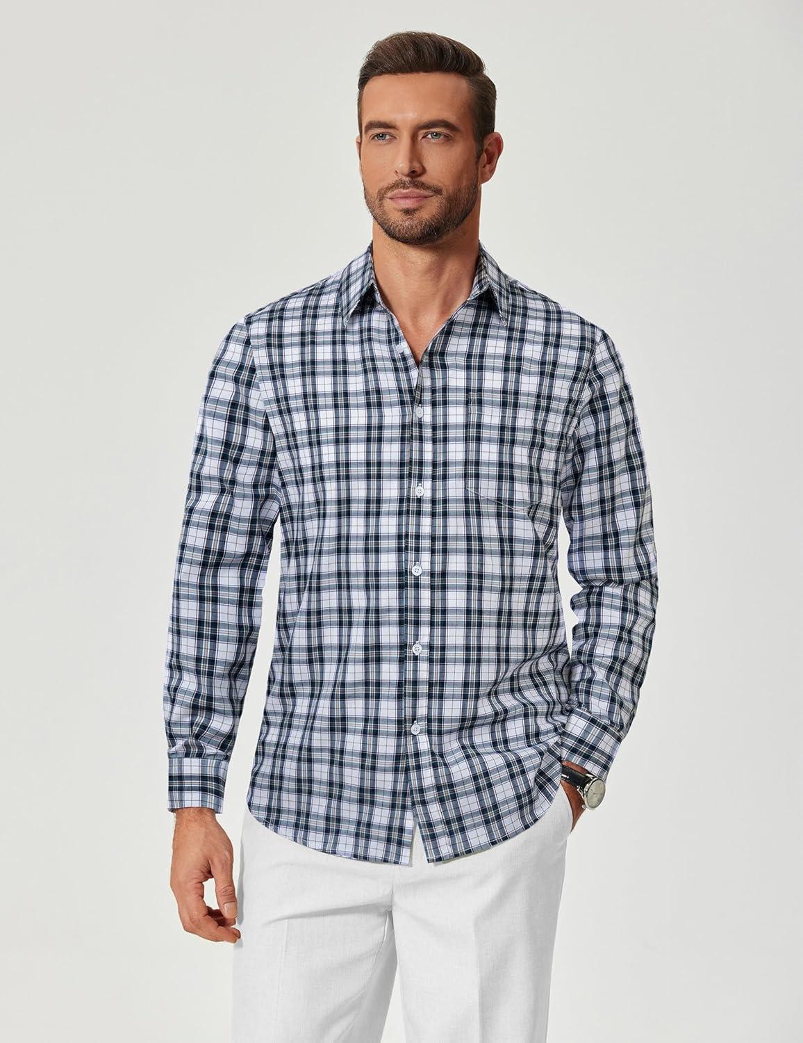 imageCOOFANDY Mens Plaid Button Down Shirt Cotton Long Sleeves Dress Shirt Wrinkle Free Casual Gingham ShirtDark Green Plaid