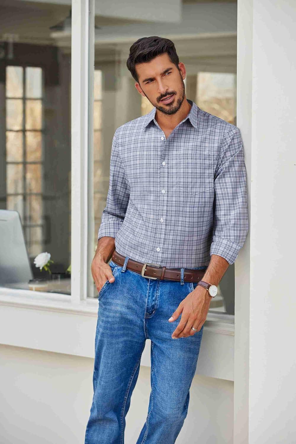 imageCOOFANDY Mens Plaid Button Down Shirt Cotton Long Sleeves Dress Shirt Wrinkle Free Casual Gingham ShirtGrey Plaid
