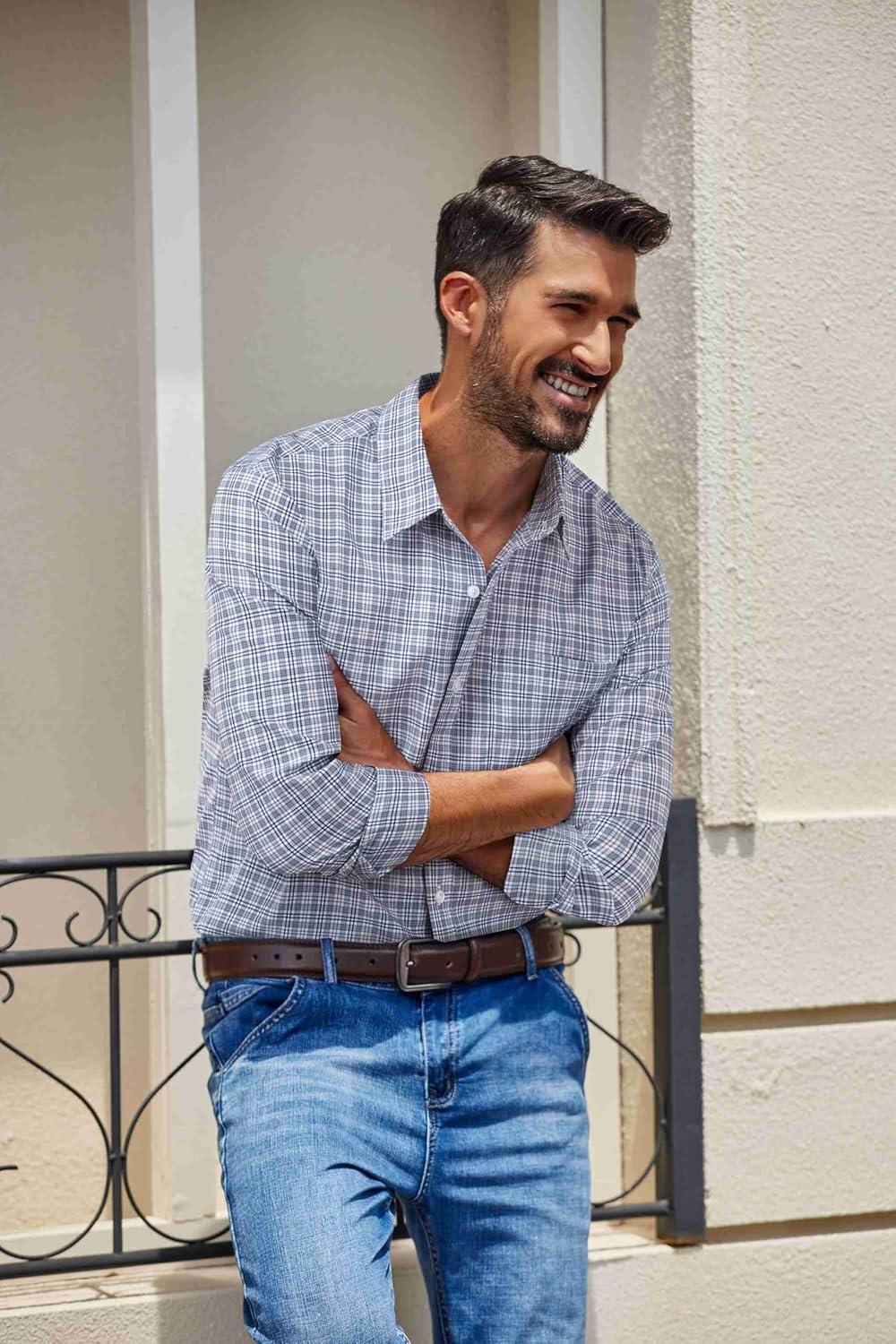 imageCOOFANDY Mens Plaid Button Down Shirt Cotton Long Sleeves Dress Shirt Wrinkle Free Casual Gingham ShirtGrey Plaid