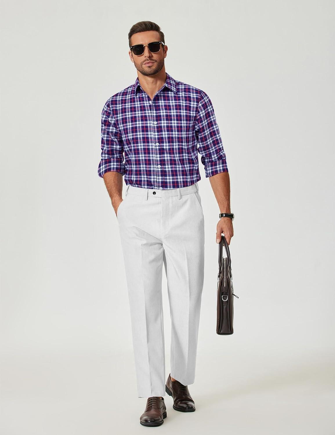 imageCOOFANDY Mens Plaid Button Down Shirt Cotton Long Sleeves Dress Shirt Wrinkle Free Casual Gingham ShirtNavy Blue Red Plaid