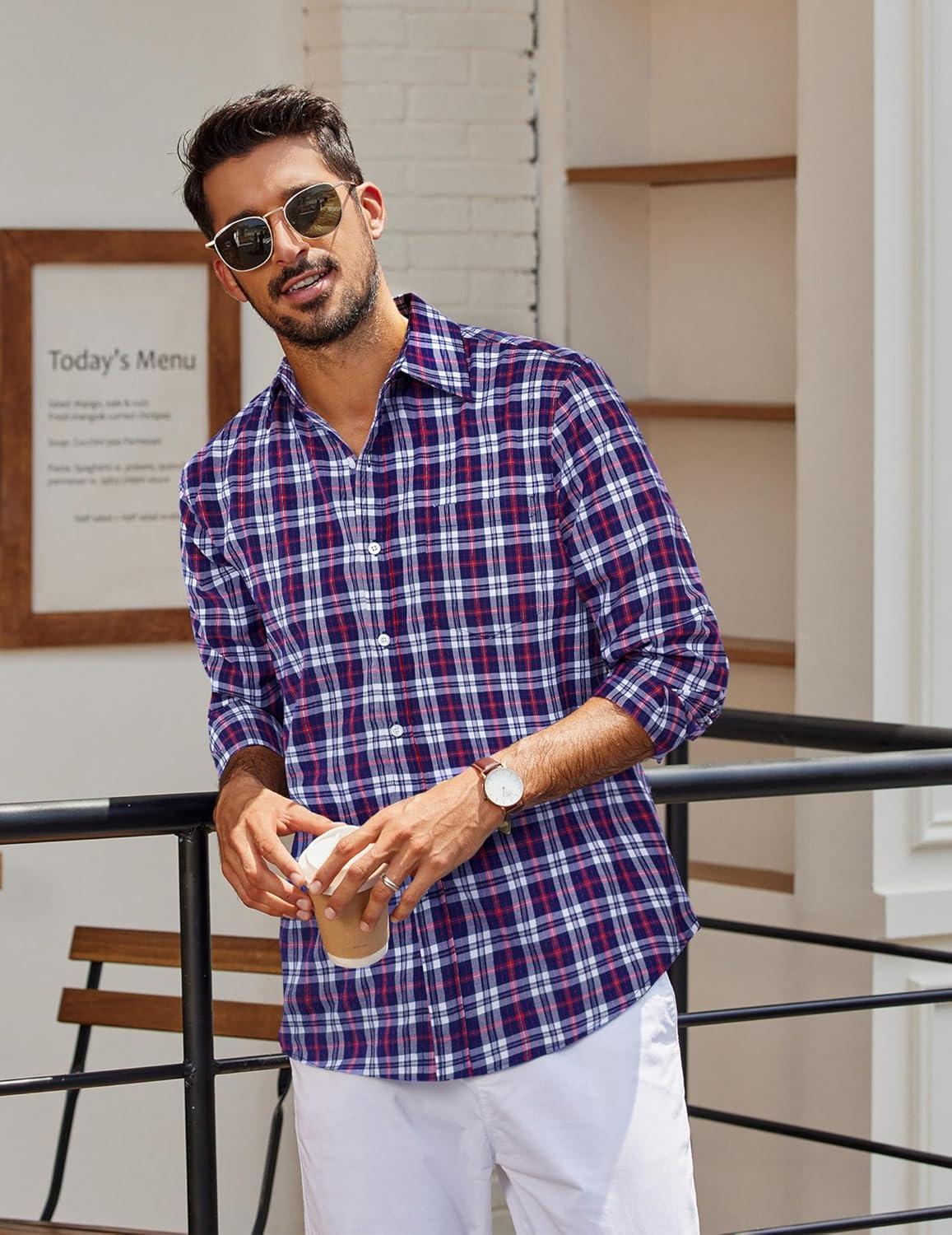 imageCOOFANDY Mens Plaid Button Down Shirt Cotton Long Sleeves Dress Shirt Wrinkle Free Casual Gingham ShirtNavy Blue Red Plaid