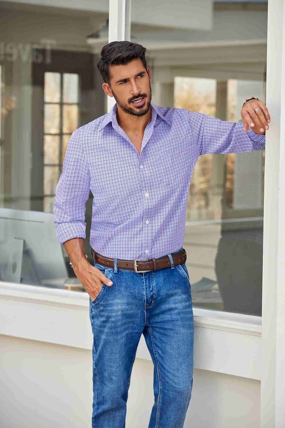 imageCOOFANDY Mens Plaid Button Down Shirt Cotton Long Sleeves Dress Shirt Wrinkle Free Casual Gingham ShirtPurple Blue Gingham