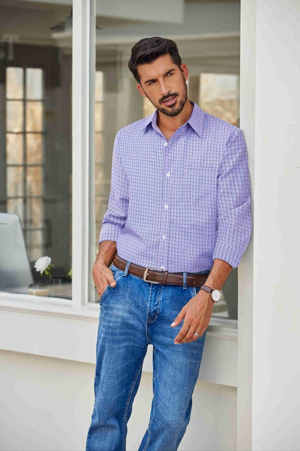 imageCOOFANDY Mens Plaid Button Down Shirt Cotton Long Sleeves Dress Shirt Wrinkle Free Casual Gingham ShirtPurple Blue Gingham
