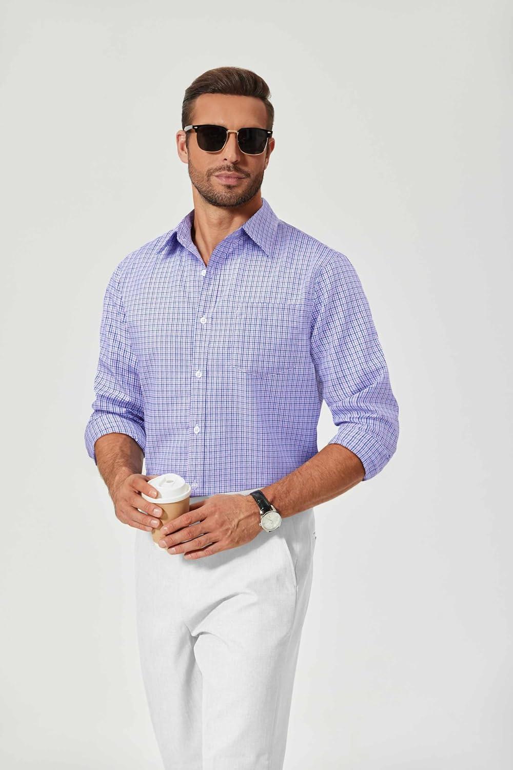 imageCOOFANDY Mens Plaid Button Down Shirt Cotton Long Sleeves Dress Shirt Wrinkle Free Casual Gingham ShirtPurple Blue Gingham