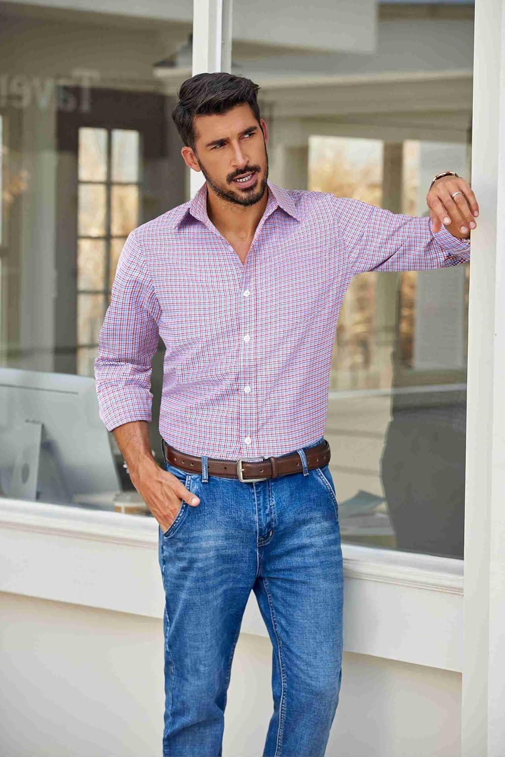 imageCOOFANDY Mens Plaid Button Down Shirt Cotton Long Sleeves Dress Shirt Wrinkle Free Casual Gingham ShirtRed Blue Gingham