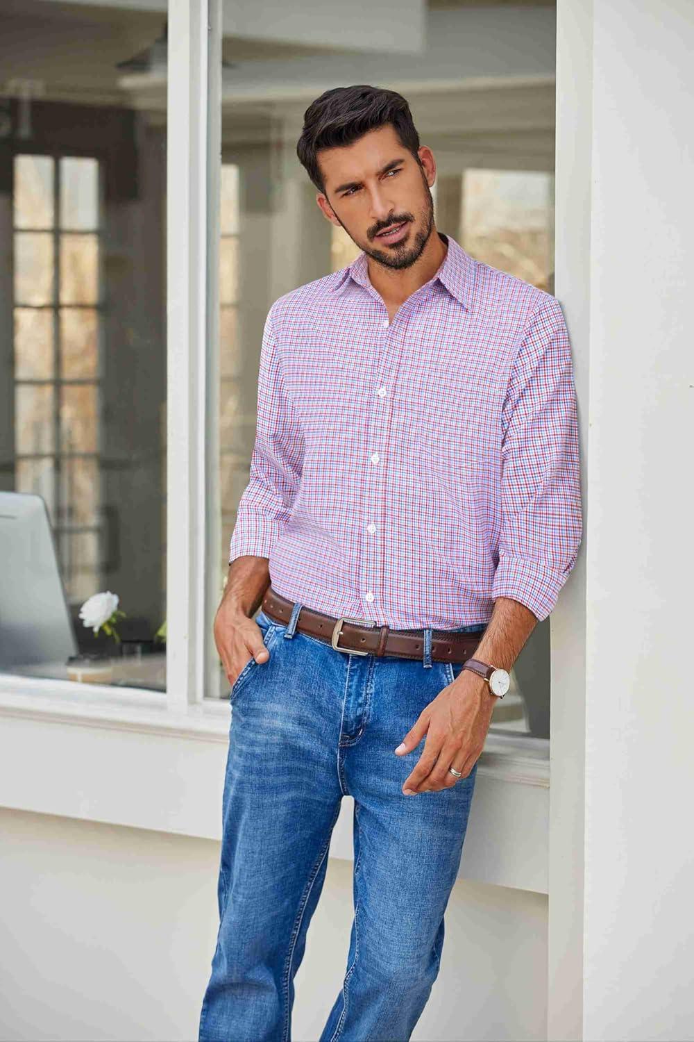 imageCOOFANDY Mens Plaid Button Down Shirt Cotton Long Sleeves Dress Shirt Wrinkle Free Casual Gingham ShirtRed Blue Gingham