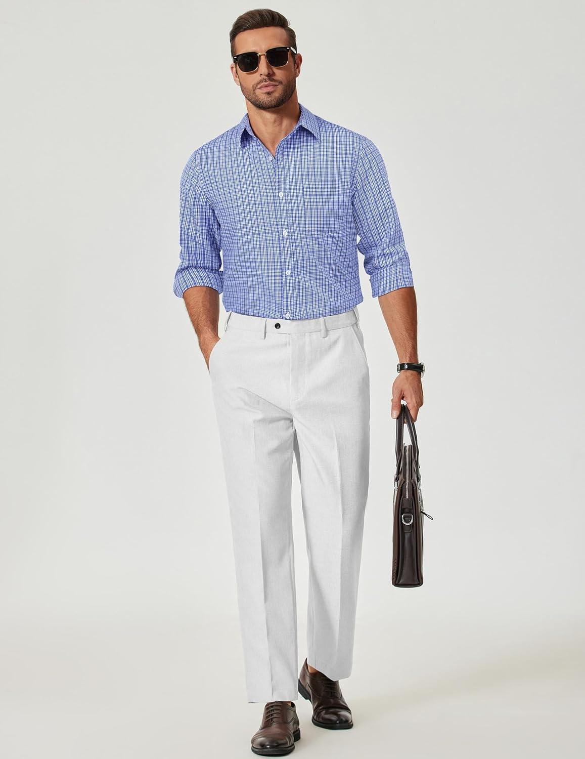 imageCOOFANDY Mens Plaid Button Down Shirt Cotton Long Sleeves Dress Shirt Wrinkle Free Casual Gingham ShirtSky Blue Gingham