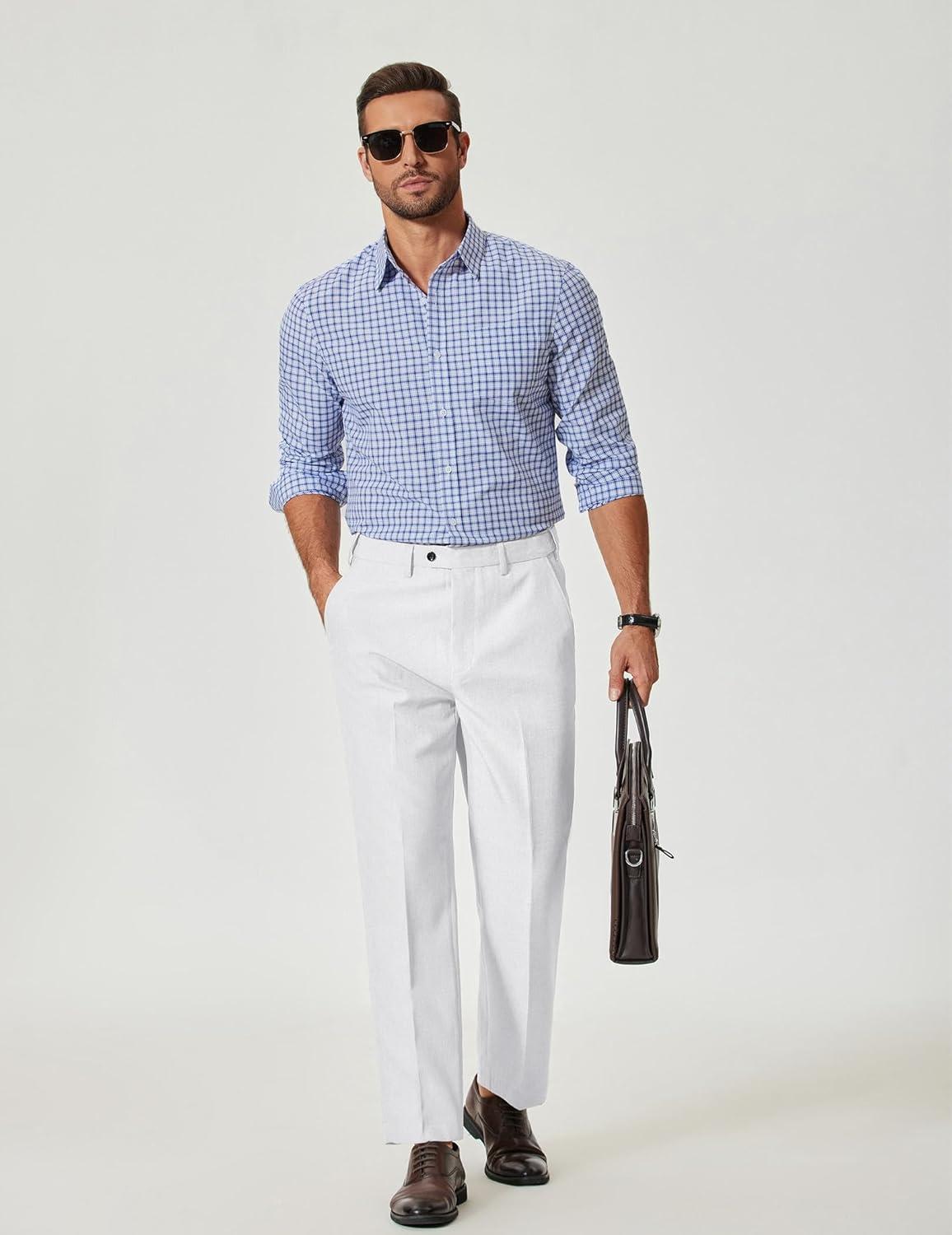 imageCOOFANDY Mens Plaid Button Down Shirt Cotton Long Sleeves Dress Shirt Wrinkle Free Casual Gingham ShirtWhite Blue Plaid
