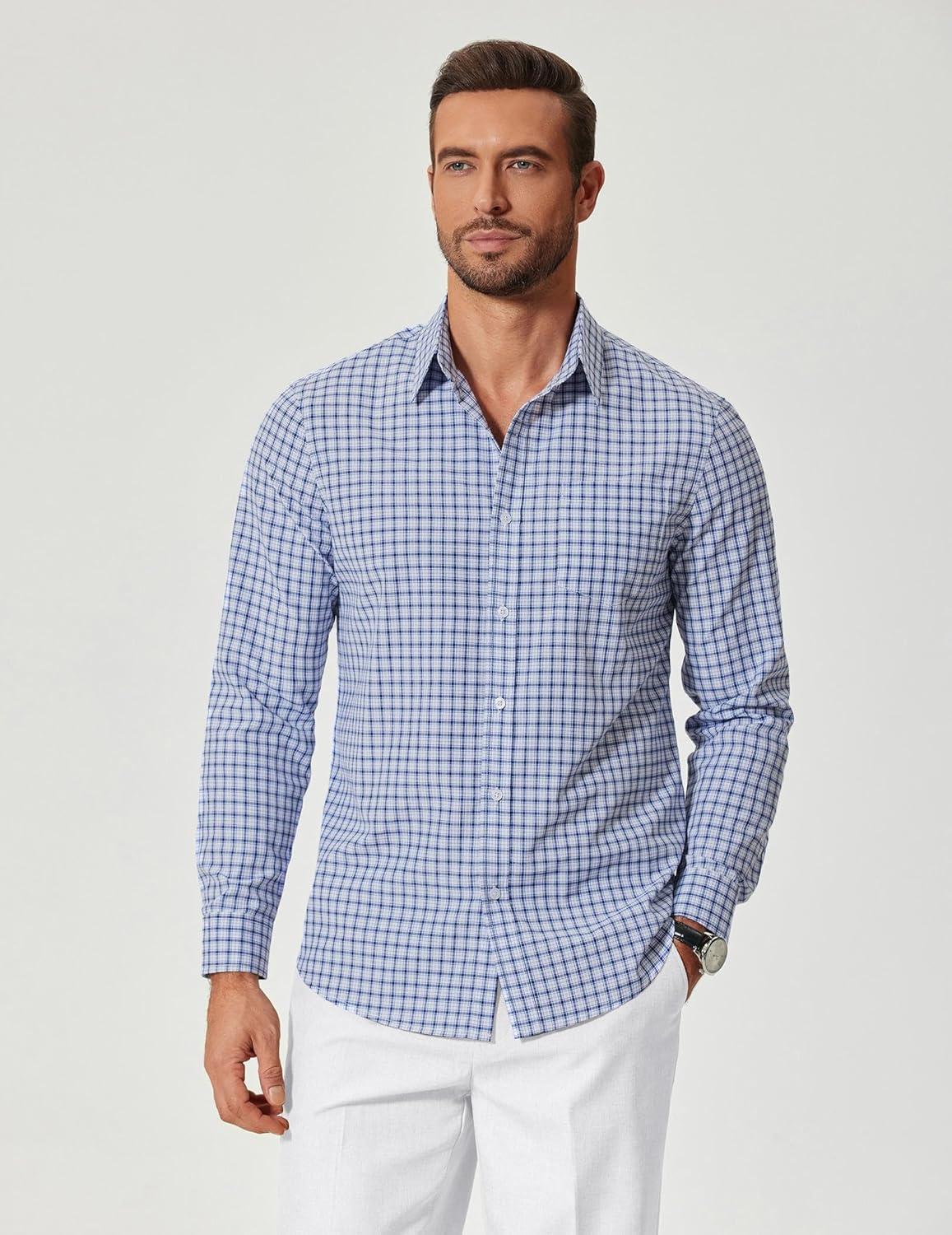 imageCOOFANDY Mens Plaid Button Down Shirt Cotton Long Sleeves Dress Shirt Wrinkle Free Casual Gingham ShirtWhite Blue Plaid