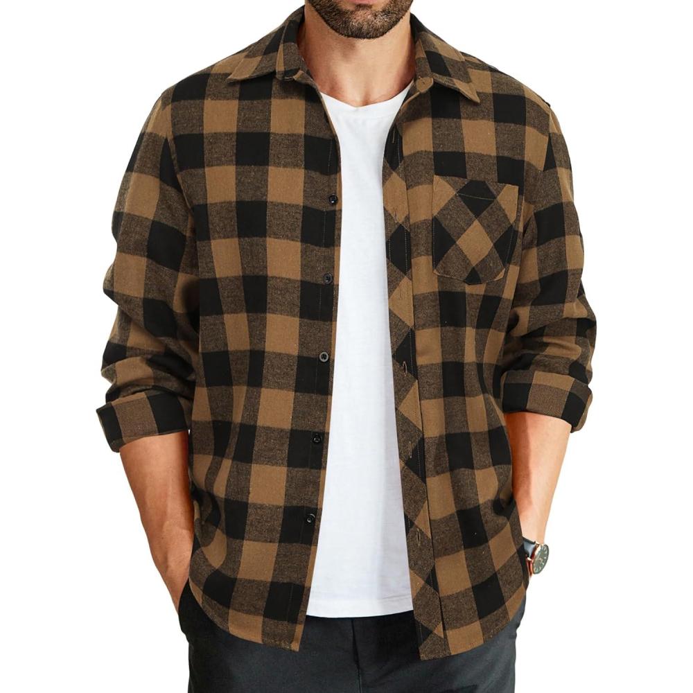 imageCOOFANDY Mens Flannel Plaid Shirts Long Sleeve Button Down Shirts Casual Fall Shirt JacketBrownblack