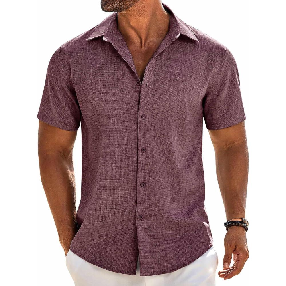 imageCOOFANDY Mens Linen Shirts Short Sleeve Button Down Shirt Casual Beach Summer Shirts Wedding Vacation ShirtWine Red