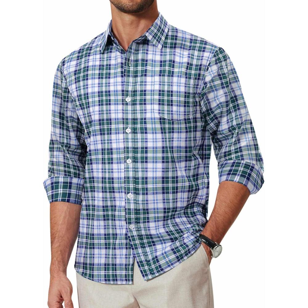 imageCOOFANDY Mens Plaid Button Down Shirt Cotton Long Sleeves Dress Shirt Wrinkle Free Casual Gingham ShirtBlack Blue Plaid