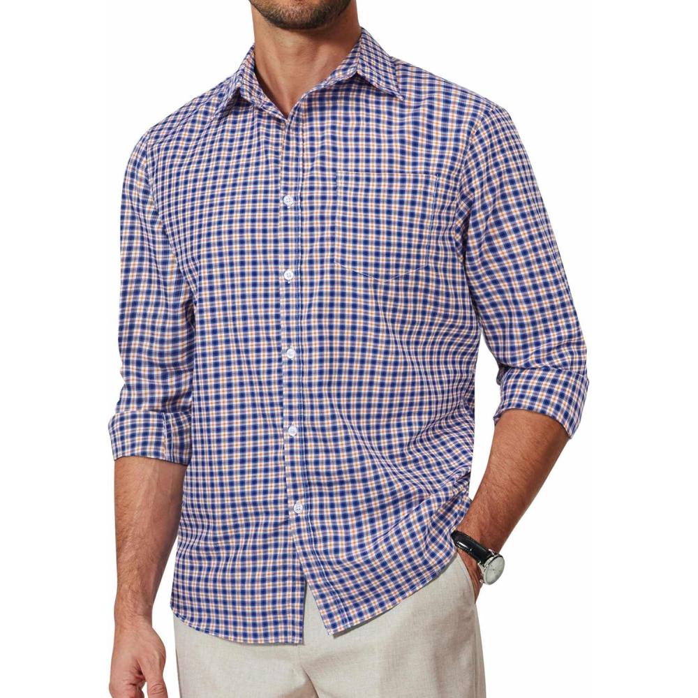 imageCOOFANDY Mens Plaid Button Down Shirt Cotton Long Sleeves Dress Shirt Wrinkle Free Casual Gingham ShirtBlue Orange Plaid