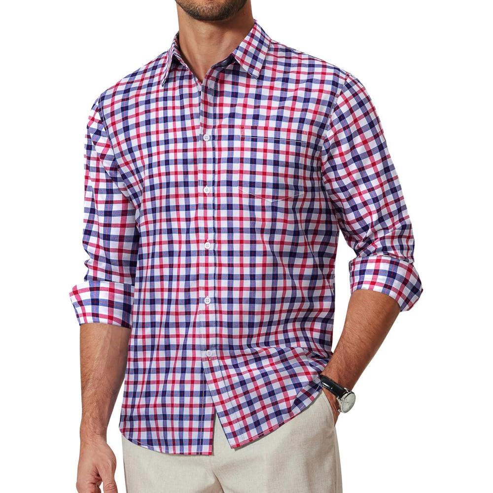 imageCOOFANDY Mens Plaid Button Down Shirt Cotton Long Sleeves Dress Shirt Wrinkle Free Casual Gingham ShirtBlue Red Gingham