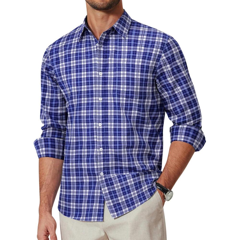 imageCOOFANDY Mens Plaid Button Down Shirt Cotton Long Sleeves Dress Shirt Wrinkle Free Casual Gingham ShirtBlue White Plaid