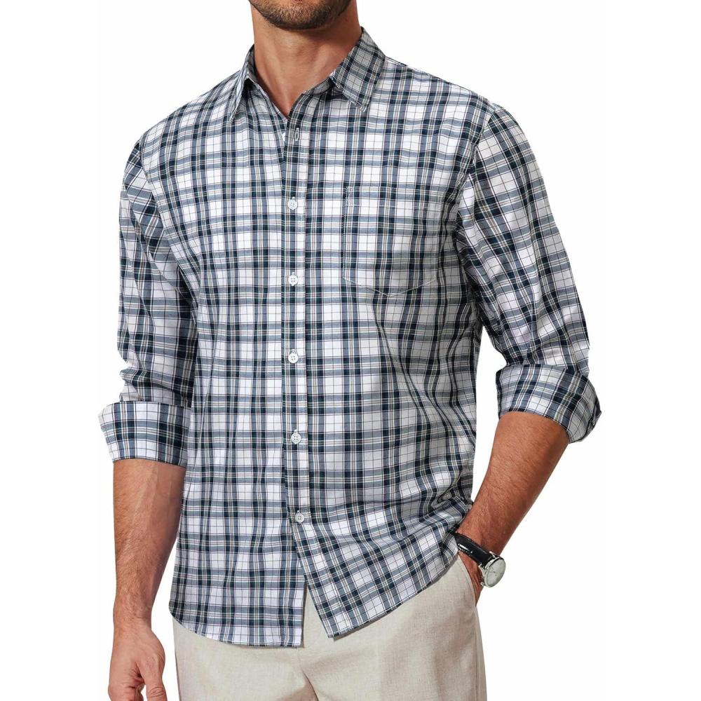 imageCOOFANDY Mens Plaid Button Down Shirt Cotton Long Sleeves Dress Shirt Wrinkle Free Casual Gingham ShirtDark Green Plaid